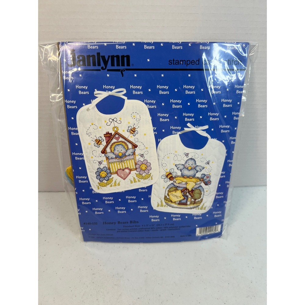 Janlynn Honey Bears Bibs Stamped Cross Stitch Kit 140-132 Joan Elliott 1996 Vtg